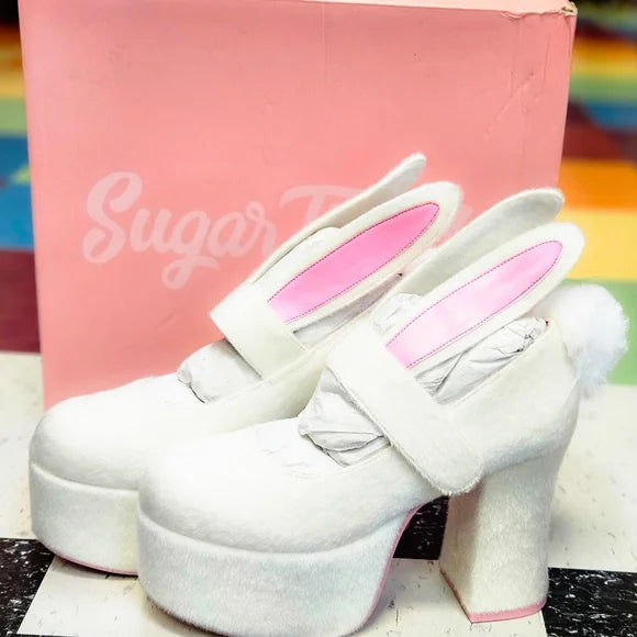 NIB.Sugar Thrillz BUNNY Platform Heels Boots Women's sz 9, faux fur