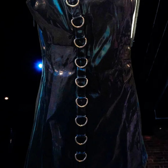 NWT Ambient O-Ring Mini Dress DARKER WAVS SZ LG  In a vinyl construction with a liquid sheen finish. O-ring hardware, adjustable rope shoulder ties, embroidered “D” logo on the back, and a back zipper closure