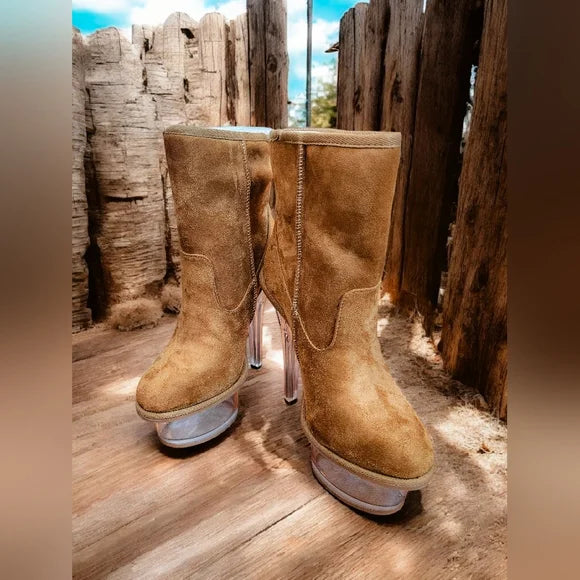NWT Kickdrum Suede Clear Platform Boots - Brown SZ 8