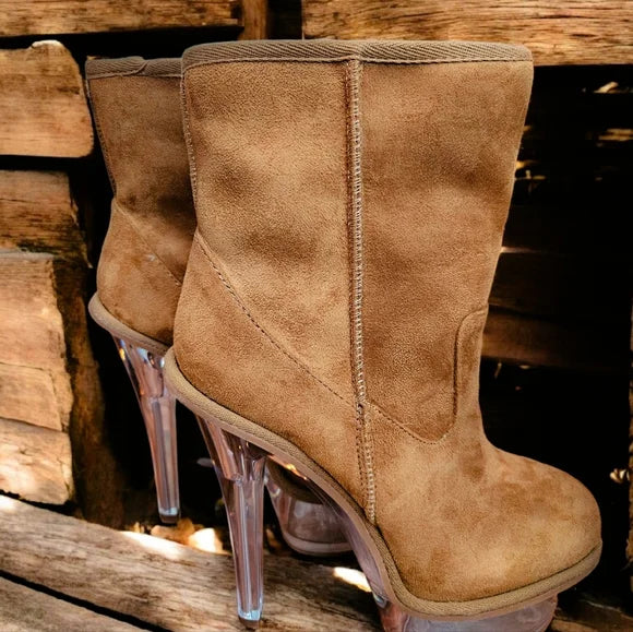 NWT Kickdrum Suede Clear Platform Boots - Brown SZ 8